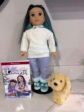 American Girl Doll Set- Doll, Dog and Book (stand not included)